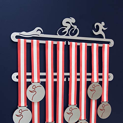 Medallero Colgador Doble Medallas Triatlón - Porta medallas para Triatleta en Acero Inoxidable - Triathlon Medal Holder Display Hanger