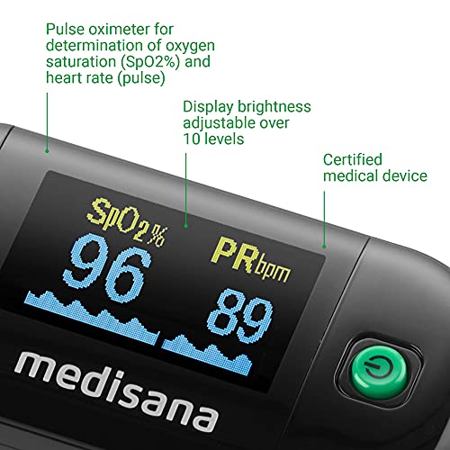 medisana PM 100 Pulsioxímetro medición de la saturación de oxígeno en la sangre, pulsioxímetro de dedo con pantalla OLED y funcionamiento de un solo toque en negro