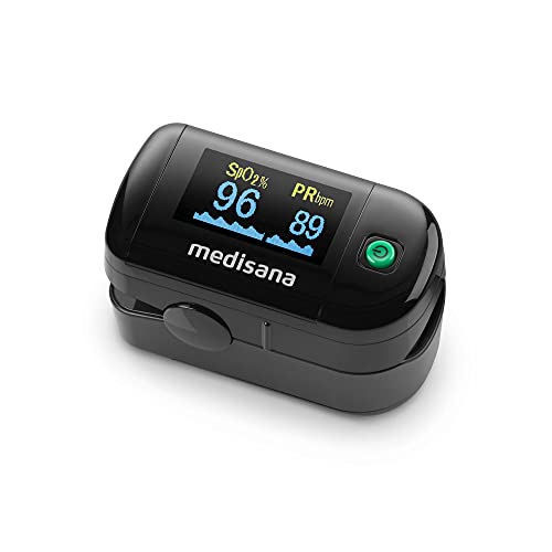 medisana PM 100 Pulsioxímetro medición de la saturación de oxígeno en la sangre, pulsioxímetro de dedo con pantalla OLED y funcionamiento de un solo toque en negro