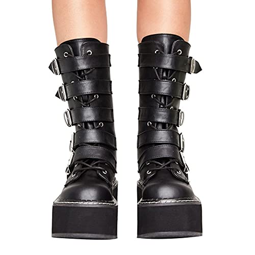 MeiLuSi Botas góticas de plataforma para mujer con múltiples hebillas, punta redonda, con cremallera punk, Negro, 40.5 EU