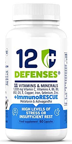 Melatonina 1mg y Ashwagandha Ayuda a Conciliar el Sueño, Reducir el Estrés y Combatir el Jet Lag - 60 Cápsulas Vegetarianas Enriquecidas con 11 Vitaminas y Minerales 100% Naturales - 12 Defenses