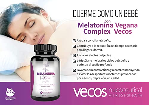 Melatonina Vegana Complex 1,9 mg | Ayudar a Conciliar el Sueño | Suplemento con L-Triptófano, Valeriana, Pasiflora, Griffonia y Vitamina B6 | 90 cápsulas Vegetales | 100% Apto Veganos