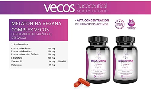 Melatonina Vegana Complex 1,9 mg | Ayudar a Conciliar el Sueño | Suplemento con L-Triptófano, Valeriana, Pasiflora, Griffonia y Vitamina B6 | 90 cápsulas Vegetales | 100% Apto Veganos