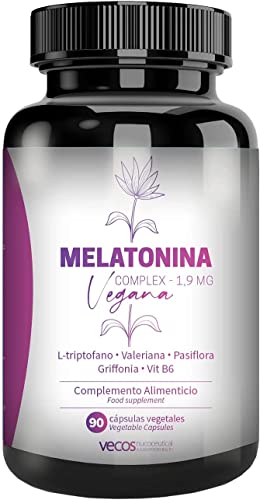 Melatonina Vegana Complex 1,9 mg | Ayudar a Conciliar el Sueño | Suplemento con L-Triptófano, Valeriana, Pasiflora, Griffonia y Vitamina B6 | 90 cápsulas Vegetales | 100% Apto Veganos