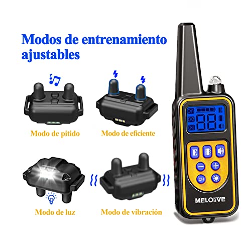 Meloive Collar adiestramiento para Perros,Collar antiladridos,Recargable y Resistencia al Agua de IP67 con un Alcance de 800m con 99 Niveles de Modo de Vibración, Advertencia de Sonido, Luz.