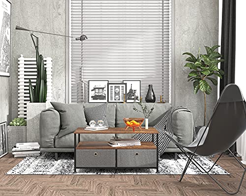 Mesa Auxiliar Sofa con 1 Estantes 2 Cajón Tela Mesa Lateral Mesas Auxiliares Vintage Mesilla Multiusos Pequeño Centro de Mesa Decorativo para Salon Dormitorio Madera+Metal Negro+Gris Oscuro