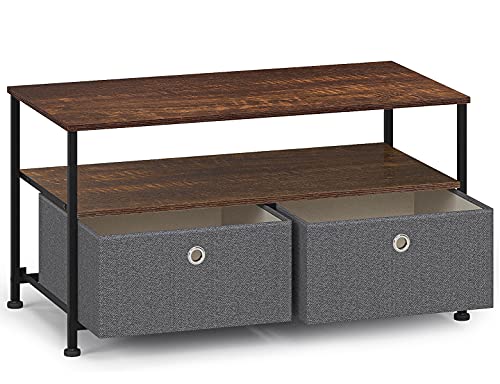 Mesa Auxiliar Sofa con 1 Estantes 2 Cajón Tela Mesa Lateral Mesas Auxiliares Vintage Mesilla Multiusos Pequeño Centro de Mesa Decorativo para Salon Dormitorio Madera+Metal Negro+Gris Oscuro