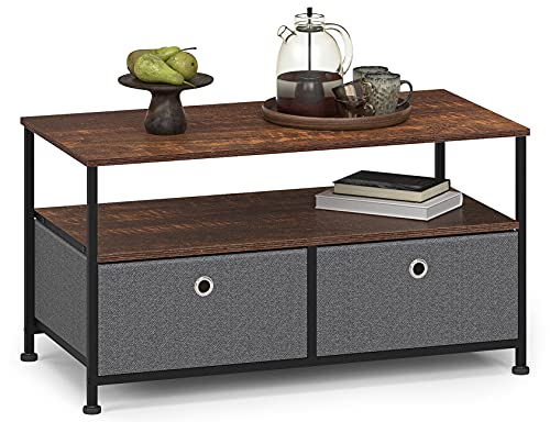 Mesa Auxiliar Sofa con 1 Estantes 2 Cajón Tela Mesa Lateral Mesas Auxiliares Vintage Mesilla Multiusos Pequeño Centro de Mesa Decorativo para Salon Dormitorio Madera+Metal Negro+Gris Oscuro