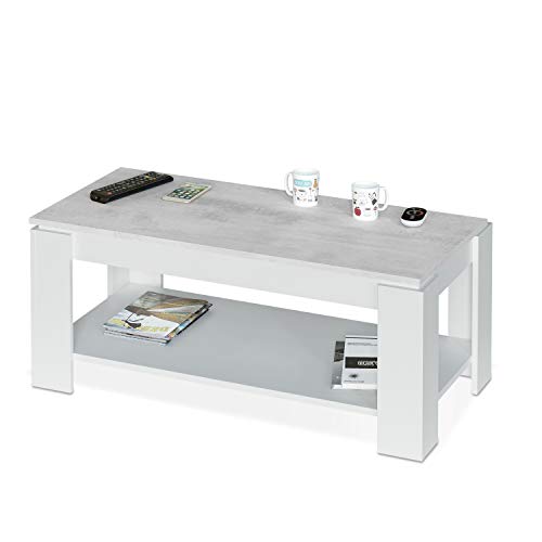 Mesa Centro con revistero, Mesa elevable, mesita Mueble Salon Comedor, Acabado en Blanco Artik y Gris Cemento, Medidas: 102 cm (Largo) x 43/54 cm (Alto) x 50 cm (Fondo)