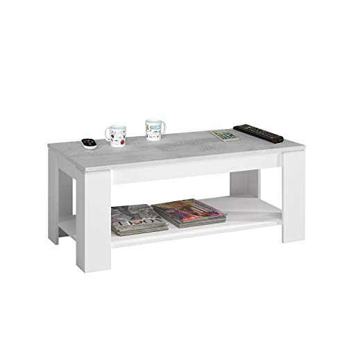 Mesa Centro con revistero, Mesa elevable, mesita Mueble Salon Comedor, Acabado en Blanco Artik y Gris Cemento, Medidas: 102 cm (Largo) x 43/54 cm (Alto) x 50 cm (Fondo)