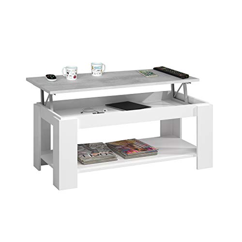 Mesa Centro con revistero, Mesa elevable, mesita Mueble Salon Comedor, Acabado en Blanco Artik y Gris Cemento, Medidas: 102 cm (Largo) x 43/54 cm (Alto) x 50 cm (Fondo)