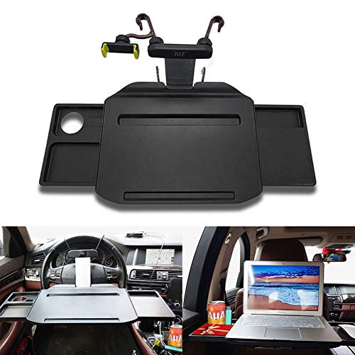 Mesa para ordenador de coche, Escritorio para computadora, Bandeja de comedor para volante y asiento trasero con 2 cajones ocultos retráctiles, estante para comer estudiar alimento bebidas viaje Negro