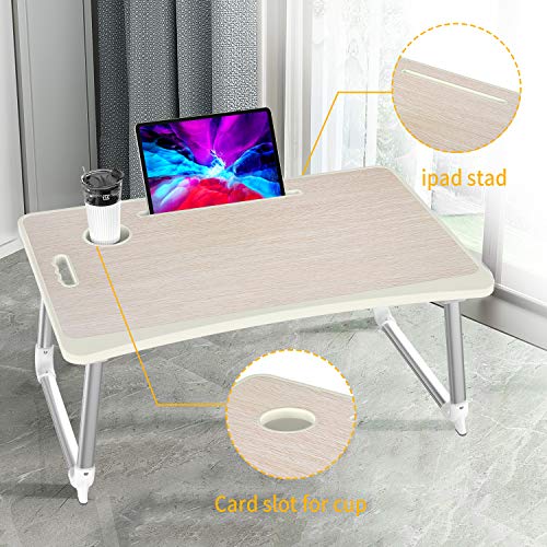 Mesa para Ordenador Portátil, Portátil Mesa Cama Plegable Mesa Escritorio Plegable con Portavasos/ Soporte para Tableta/ Manija (65*45 cm, Roble Amarillo)