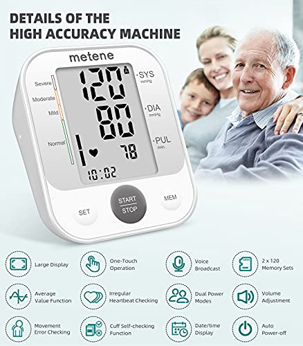 Metene TensióMetro de Brazo,Digital Monitor de PresióN Arterial Automatico Superior de Brazo，Pantalla Grande con Memoria de 240 Conjuntos, TransmisióN de Voz y BateríAs Incluidas