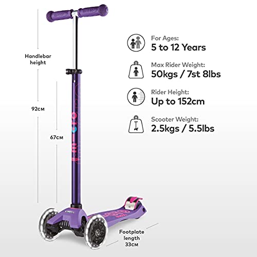 Micro® Maxi Deluxe LED, Patinete 3 Ruedas LED, 5-12 Años, Peso 2,5kg, Carga Máx 70Kg, Altura 67-91 cm, Plataforma Antideslizante Polipropileno (Flexible, Alta Resistencia) (Morado)