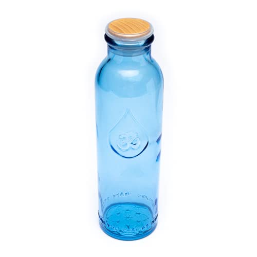 Mini botella de agua OmWater 0,5 L - Vidrio Reciclado Libre de Metales Pesados, Tapon ecologico, Bolsa de Algodon 100% organico