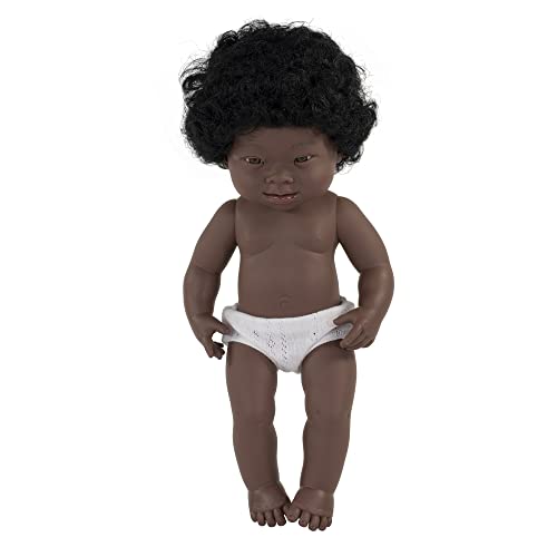 Miniland – Muñeca bebé Africana Niña Síndrome de Down. Vinilo Suave de 38cm. Rasgos étnicos y sexuado para el Aprendizaje de la Diversidad. Ligero y Agradable Perfume. Colección de Diferentes etnia