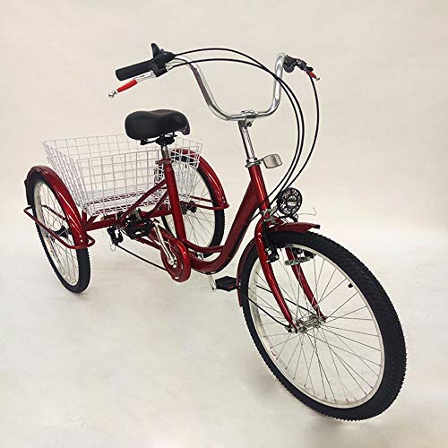 MINUS ONE Triciclo para Adultos Adulto Triciclo Bicicleta con 3 Ruedas Senior Wheel Cargo Bicicleta 24" Shimano 6-Speed Shifter con luz, Rojo