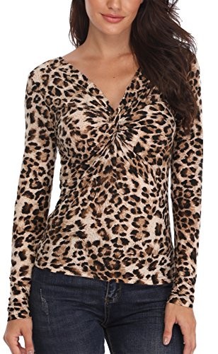 MISS MOLY Blusa con Hombros Descubiertos y Sexy para Mujer Camisa de Manga Larga con Estampado de Leopardo Elegante - L (ES 44)