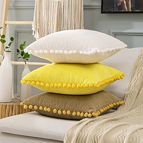 MIULEE 2 Piezas Funda de Cojín Fundas de Almohada con Pompones Suave Cojín Poliéster Granulado Decoración Sofá Decorativa Cama Silla Dormitorio Salon Habitacion Cuadrada 45x45cm Blanco