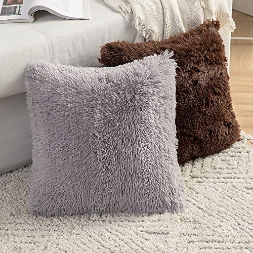 MIULEE Juego de 2 Cojines Protectores Faux Fur Throw Funda de cojín Deluxe Home Decorativo Cuadrados y Suaves Cojines PeloPara la Hogar Sofá Cama del24 x24 Inch 60x60cm Gris