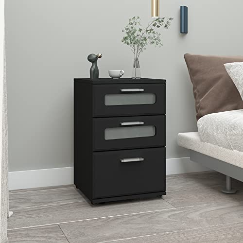 ML-Design Mesita de Noche con 3X Cajones 40 x 60 x 38 cm Negro Mesa Auxiliar con Inserto de Vidrio Cómoda Lisa de Madera Mueble Cajonera Consola Estante Decorativa para Dormitorio o Sala de Estar