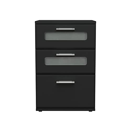 ML-Design Mesita de Noche con 3X Cajones 40 x 60 x 38 cm Negro Mesa Auxiliar con Inserto de Vidrio Cómoda Lisa de Madera Mueble Cajonera Consola Estante Decorativa para Dormitorio o Sala de Estar