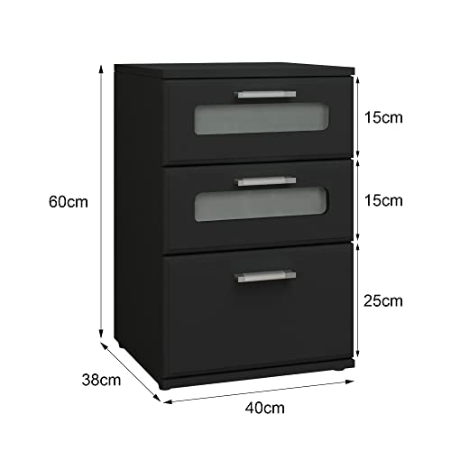 ML-Design Mesita de Noche con 3X Cajones 40 x 60 x 38 cm Negro Mesa Auxiliar con Inserto de Vidrio Cómoda Lisa de Madera Mueble Cajonera Consola Estante Decorativa para Dormitorio o Sala de Estar