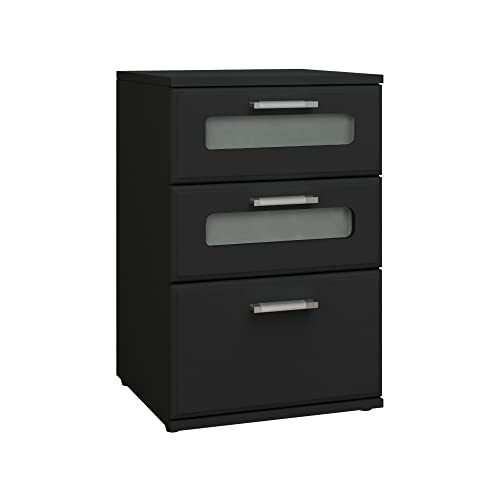 ML-Design Mesita de Noche con 3X Cajones 40 x 60 x 38 cm Negro Mesa Auxiliar con Inserto de Vidrio Cómoda Lisa de Madera Mueble Cajonera Consola Estante Decorativa para Dormitorio o Sala de Estar