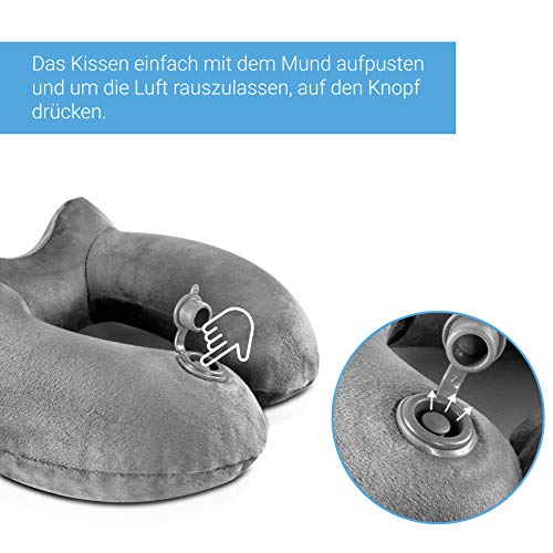 MNT10 Almohada de viaje hinchable con máscara para dormir, tapones para los oídos y bolsa de transporte, cojín cervical hinchable con funda suave aterciopelada para viajes, avión, coche, tren