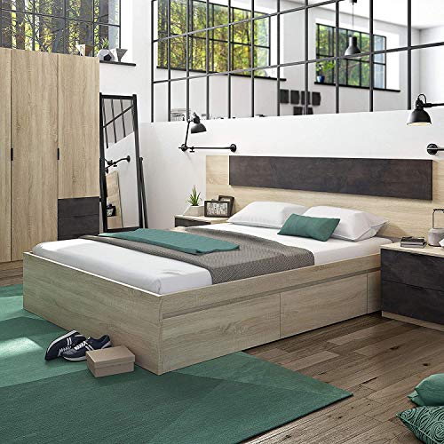 Mobelcenter – Cama con 4 cajones Kendra para colchones de 150x190 cm - Cama de Matrimonio Acabado Color Roble Canadian – Medidas: Ancho: 156 cm x Fondo: 196 cm x Alto: 37 cm (Roble Canadian) - (1104)