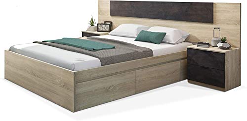 Mobelcenter – Cama con 4 cajones Kendra para colchones de 150x190 cm - Cama de Matrimonio Acabado Color Roble Canadian – Medidas: Ancho: 156 cm x Fondo: 196 cm x Alto: 37 cm (Roble Canadian) - (1104)