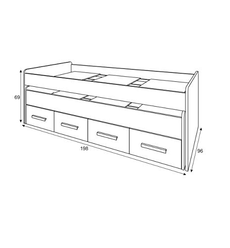 Mobelcenter – Cama Nido Juvenil Ares 2 Camas 2 Cajones – Cama Doble Juvenil con 2 Camas 2 Cajones - Acabado Color Blanco Alpes y Basalto – Medidas: Ancho: 198 cm x Fondo: 96 cm x Alto: 69 cm - (0991)