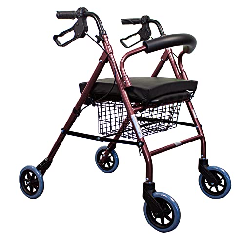 Mobiclinic, Andador con cojín viscoelástico, Escorial Plus, Frenos manuales, Aluminio, Plegable, Cesta, Asiento, Cojín para sillas y andadores, Andador para ancianos, Ligero, 4 ruedas, Burdeos