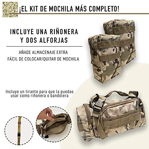 Mochila Táctica Militar de 48.5L. Bolsa Militar MOLLE. Mochila de Asalto. Múltiples Bolsillos y Gran Capacidad. Incluye Riñonera y 2 Bolsas Adicionales. Supervivencia. Combate. (camuflaje verde)