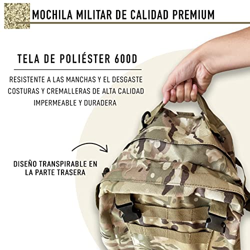 Mochila Táctica Militar de 48.5L. Bolsa Militar MOLLE. Mochila de Asalto. Múltiples Bolsillos y Gran Capacidad. Incluye Riñonera y 2 Bolsas Adicionales. Supervivencia. Combate. (camuflaje verde)