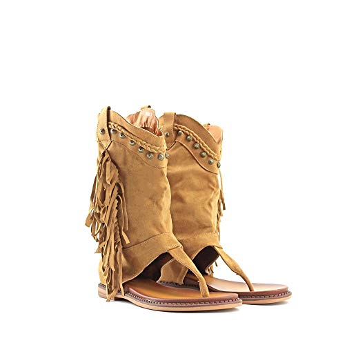 Modelisa - Sandalias Estilo Botin De Dedos Con Flecos Para Mujer (Camel/Alto/1, numeric_38)