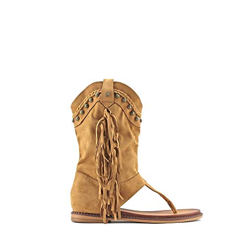 Modelisa - Sandalias Estilo Botin De Dedos Con Flecos Para Mujer (Camel/Alto/1, numeric_38)