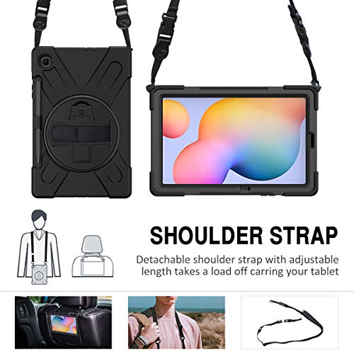 MoKo Funda Compatible con Galaxy Tab S6 Lite 10.4 2020 SM-P610/P615 Tableta, Protectora Cubierta con Soporte de Rotación de 360 Grados, Correa de Mano/Hombro, Soporte de Pencil - Negro