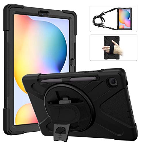 MoKo Funda Compatible con Galaxy Tab S6 Lite 10.4 2020 SM-P610/P615 Tableta, Protectora Cubierta con Soporte de Rotación de 360 Grados, Correa de Mano/Hombro, Soporte de Pencil - Negro