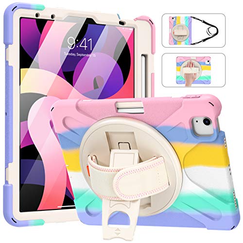 MoKo Funda Compatible con iPad Air 4ta Generación 2020 10.9" Tableta, Protectora Cubierta con Soporte de Rotación de 360 Grados, Correa de Mano/Hombro, Soporte de Pencil, Multicolor B