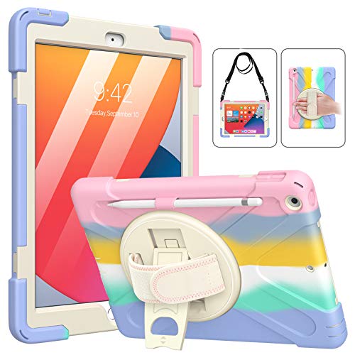 MoKo Funda para Nuevo iPad 8ª Generación 2020/ iPad 7ª Gen 2019, Protectora Cubierta con Soporte de 360 Grados Rotación, Correa de Mano/Hombro, Soporte de Pencil, Multicolor B