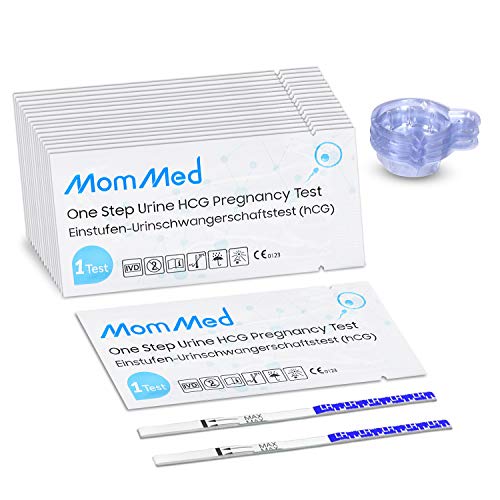 MOMMED Test Embarazo(25 mIU/ml), 25 X prueba de embarazo con 25 X contenedores de recolección de orina, Pregnancy Test, HCG Test con una precisión del 99%, empaquetado individualmente