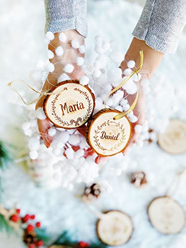 MONAMÍ - Bolas de Navidad en Madera Personalizadas. Rodaja de Madera grabada. Escoge tamaño, Modelo, Cordel y Personaliza el Nombre