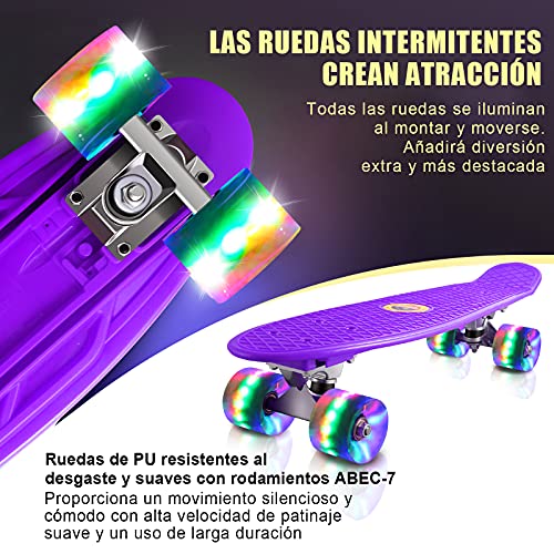 Monopatin Completo Mini Cruiser Skateboard 22" Retro Skateboard para Niños Adolescentes Adultos, Ruedas con Luz LED y Herramienta en T de Patinaje Todo en Uno (púrpura)