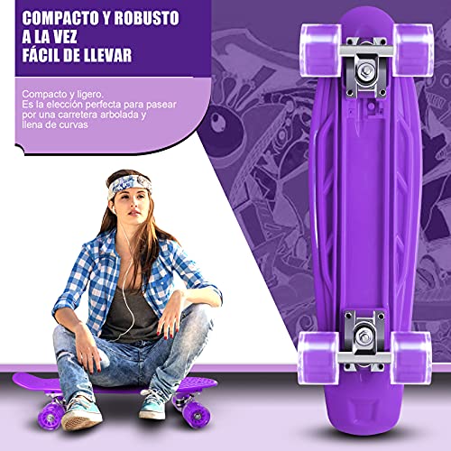 Monopatin Completo Mini Cruiser Skateboard 22" Retro Skateboard para Niños Adolescentes Adultos, Ruedas con Luz LED y Herramienta en T de Patinaje Todo en Uno (púrpura)