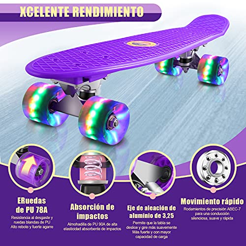 Monopatin Completo Mini Cruiser Skateboard 22" Retro Skateboard para Niños Adolescentes Adultos, Ruedas con Luz LED y Herramienta en T de Patinaje Todo en Uno (púrpura)