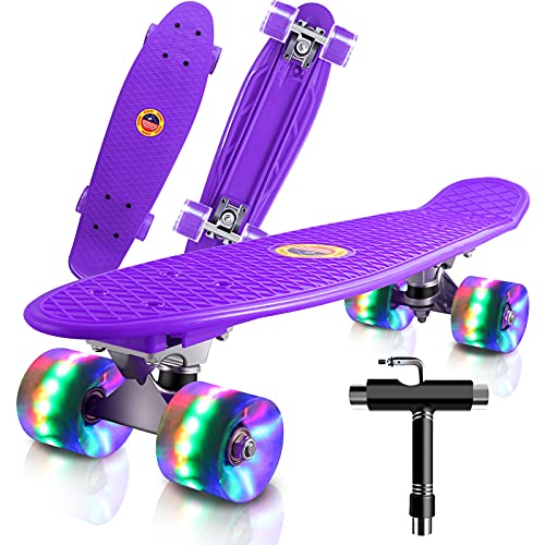 Monopatin Completo Mini Cruiser Skateboard 22" Retro Skateboard para Niños Adolescentes Adultos, Ruedas con Luz LED y Herramienta en T de Patinaje Todo en Uno (púrpura)