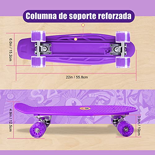 Monopatin Completo Mini Cruiser Skateboard 22" Retro Skateboard para Niños Adolescentes Adultos, Ruedas con Luz LED y Herramienta en T de Patinaje Todo en Uno (púrpura)