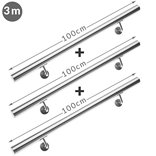 Monzana Pasamanos de acero inoxidable barandilla de pared para escalera 300 cm con soporte de pared resistente interior